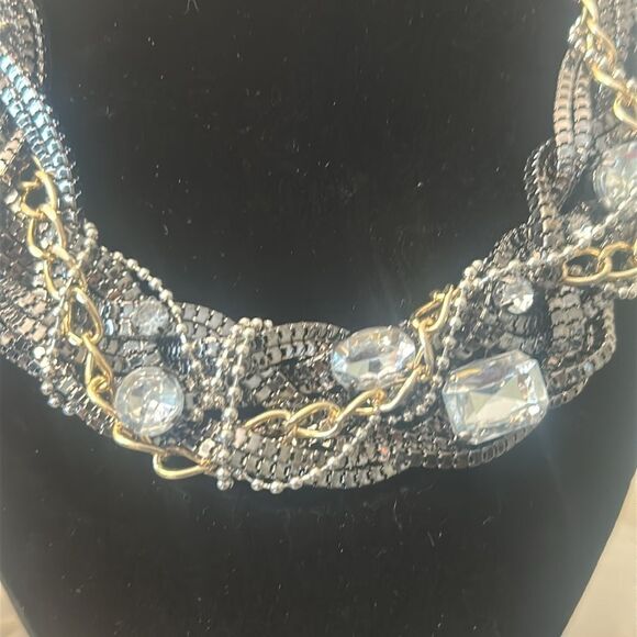 Vintage 1980's Punk Style Chains and Rhinestone Statement Necklace - Picture 2 of 5